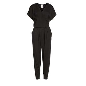 Loveappella Black Short Sleeve Wrap Top Jumpsuit